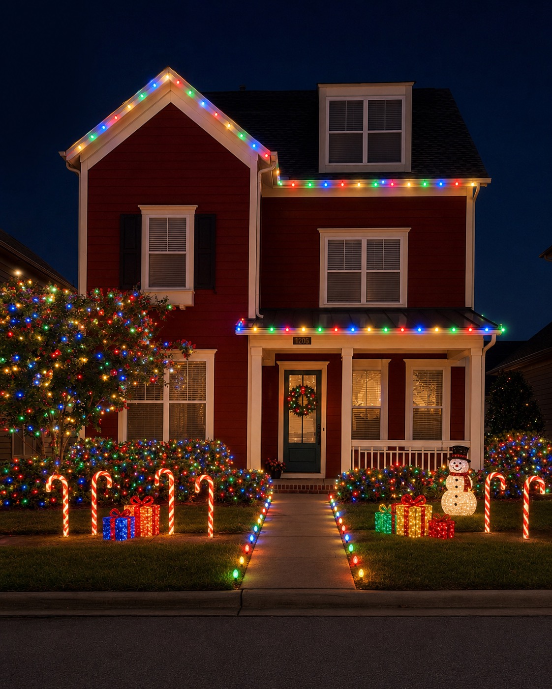 House B colorful Christmas lighting design