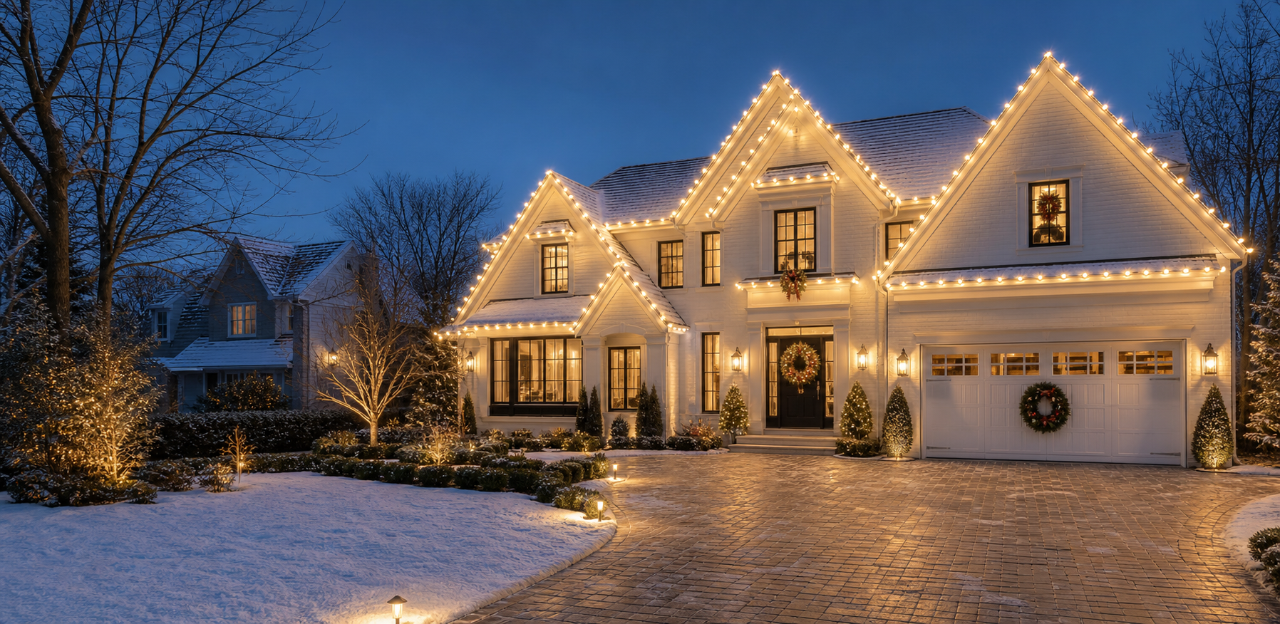 A warmly lit American suburban home decorated with elegant holiday roofline lights